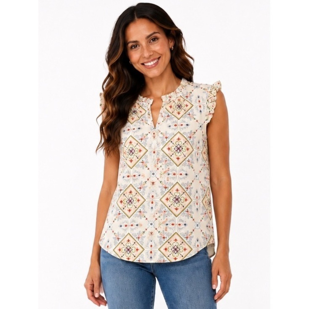 Rockin C XL Embroidered Boho Floral Ruffle Sleeve Cotton Blouse Multicolor